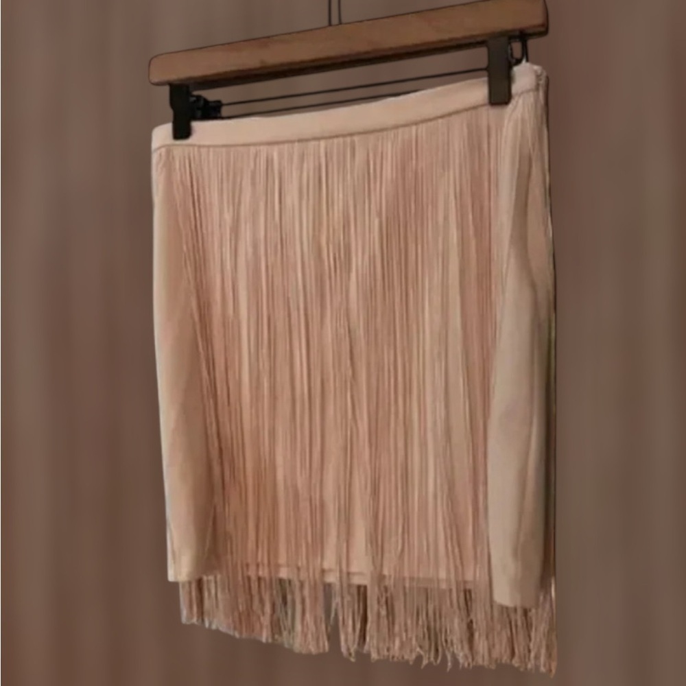 Bershka‎ Fringe Mini Skirt Tan Size 8 Boho Western Festival Faux Suede Tassel